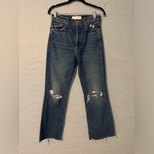 Mother Superior Blue Crop Jeans with Knee Rips & Frayed Bottom